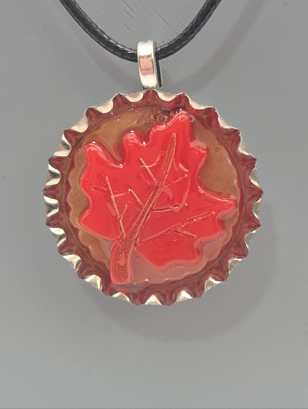 Handmade Autumn Oak Leaf Resin Bottle Cap Necklace